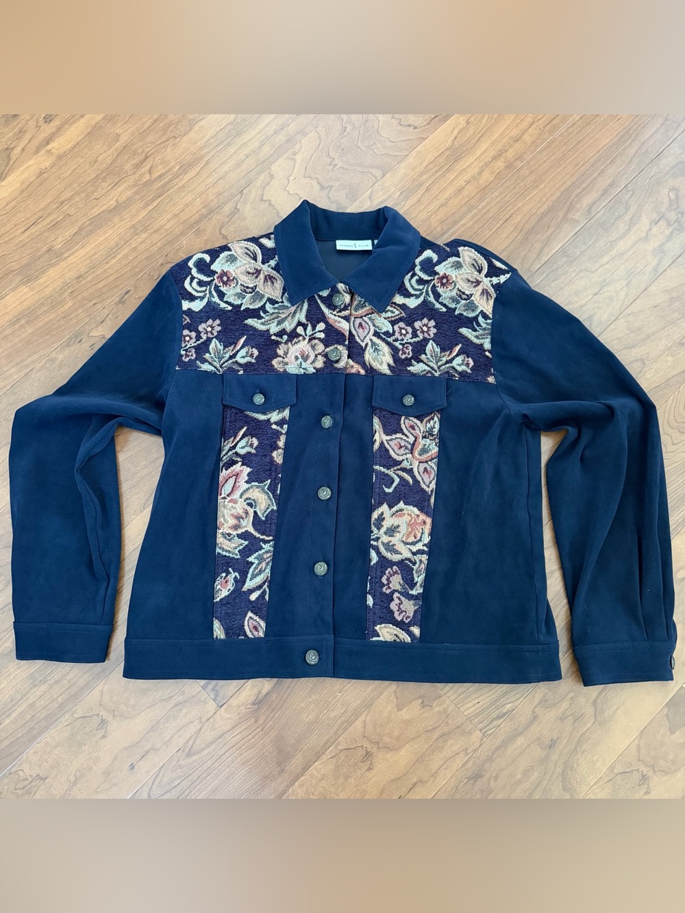 Black Suede Embroidered Jacket Studio Ease Floral Boho Western Size 12 Buttons‎
